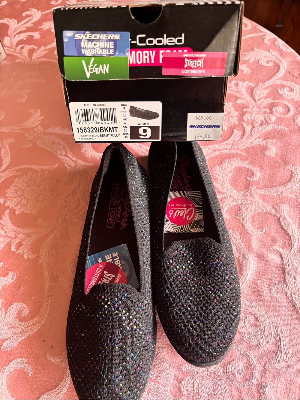 Skechers Women's Black Slip-On Flats with Multicolor Sparkle